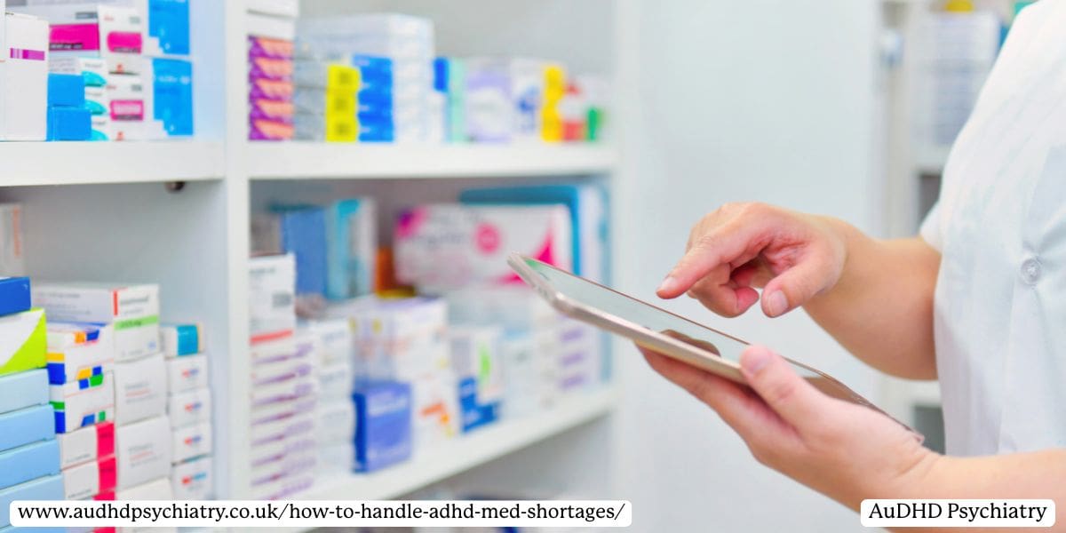 Pharmacist using a tablet device in front of shelves filled with colorful prescription ADHD medicine boxes