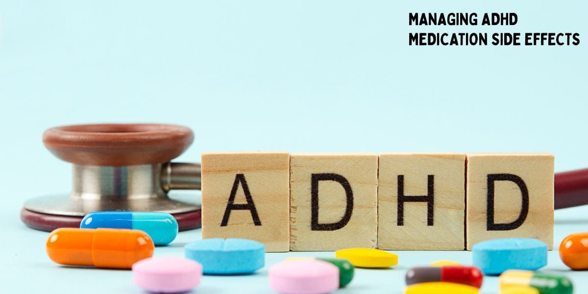 ADHD blocks with pills and stethoscope on light blue background