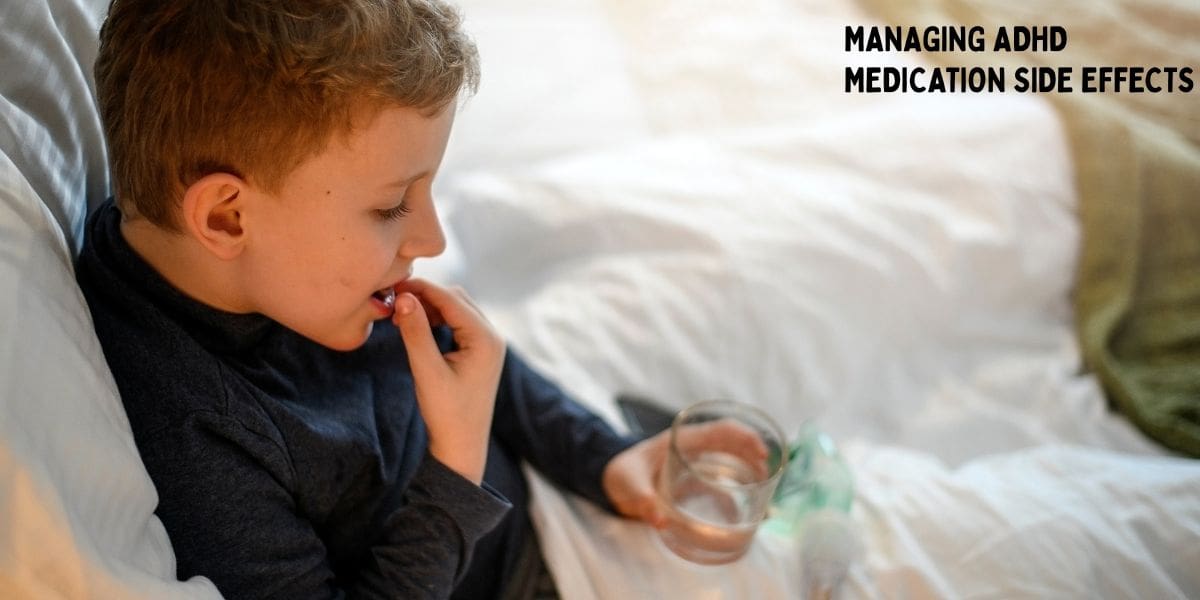 Child in bed taking ADHD medication with a glass of water