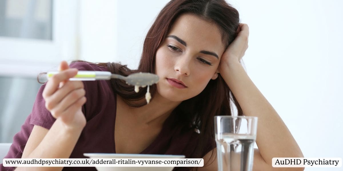 Tired woman staring at spoonful of food, representing ADHD medication side effects like appetite suppression and fatigue. 