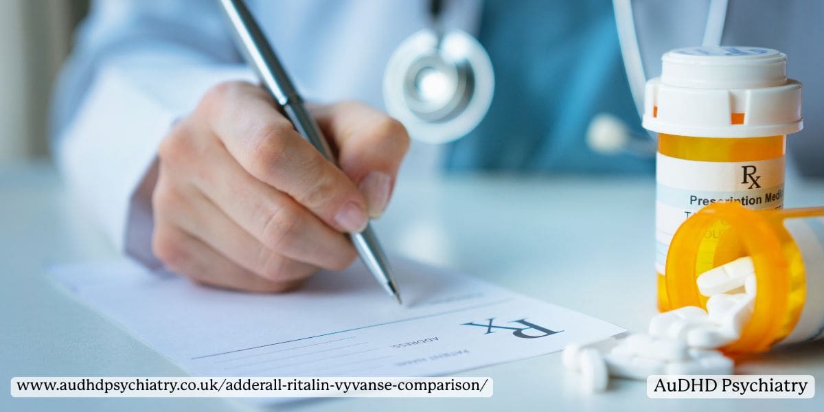 Doctor writing a prescription next to ADHD medication bottle, representing how ADHD medications like Adderall, Ritalin, and Vyvanse work to improve focus and impulse control. 