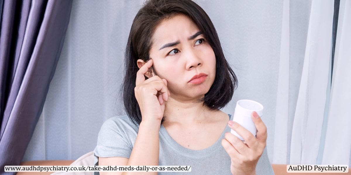A woman holding a cup and medication, thinking about whether to take ADHD meds as needed