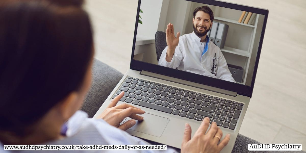 A woman on a video call with a doctor, representing when to speak to a provider about ADHD meds