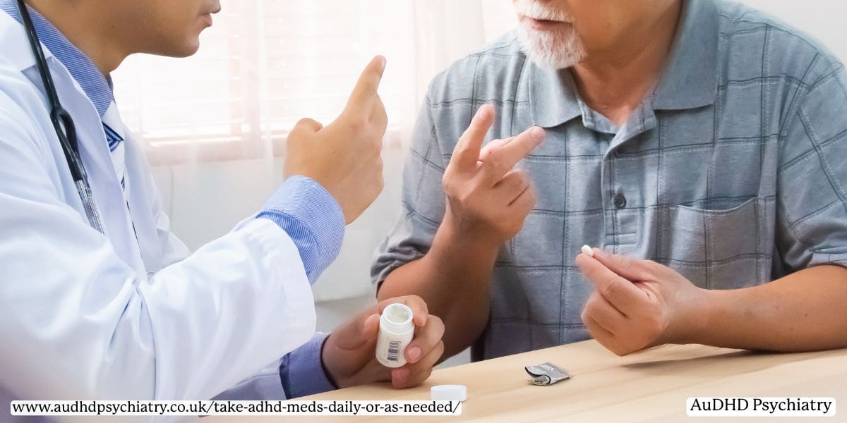 A doctor and patient discussing changes in ADHD medication with a prescription bottle visible