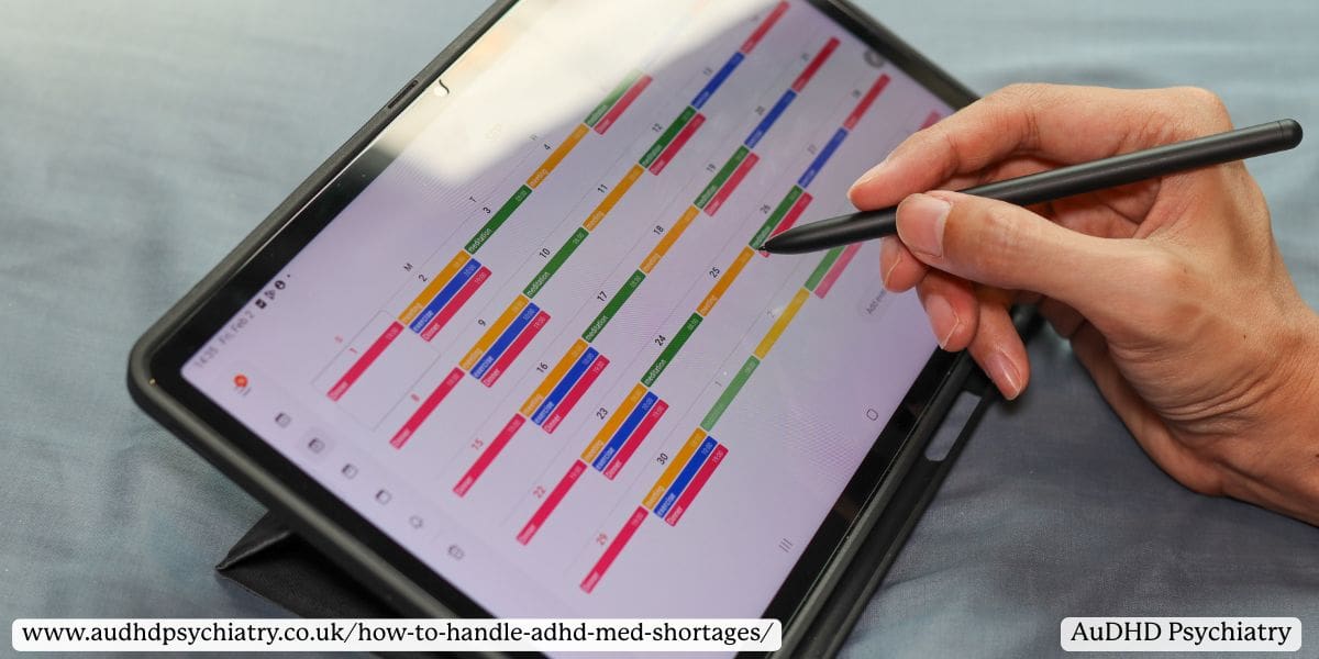 Close up of time blocking using a tablet to manage ADHD symptoms