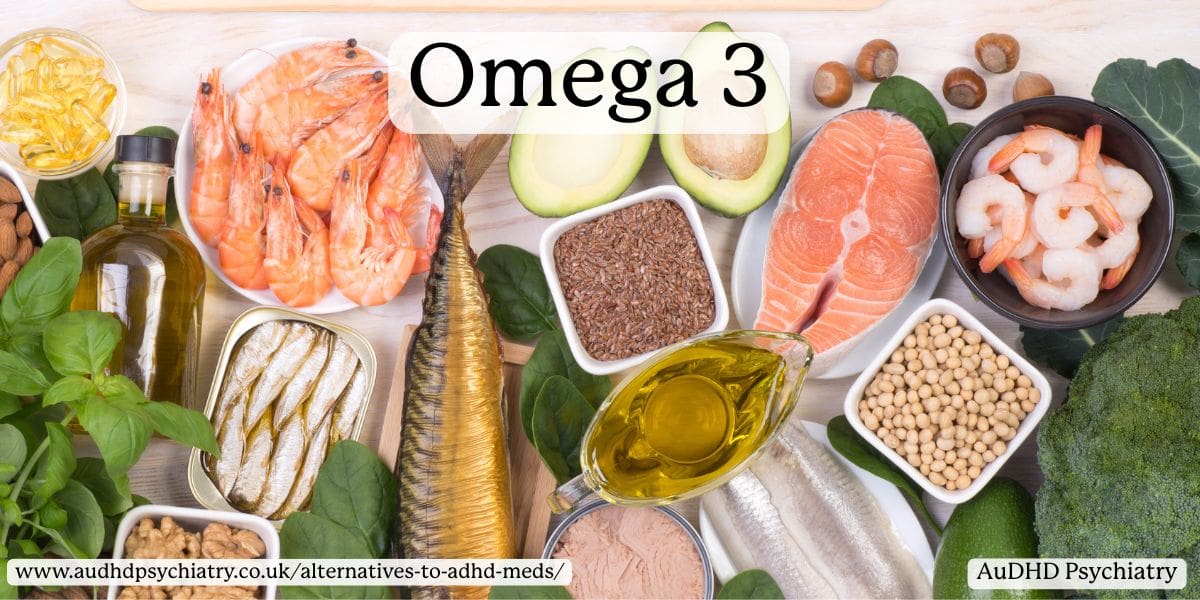 Omega-3-rich foods like fish, seeds, and greens used in ADHD diets as medication alternatives